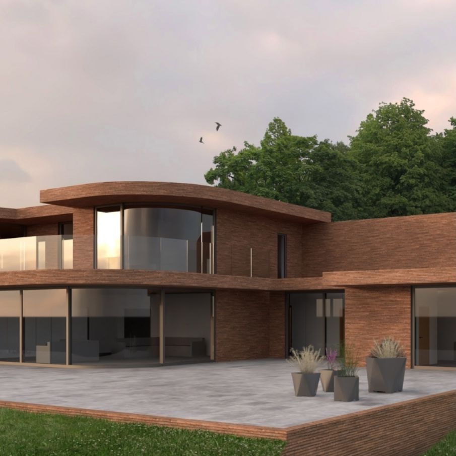 A building with curved walls and floor to ceiling windows