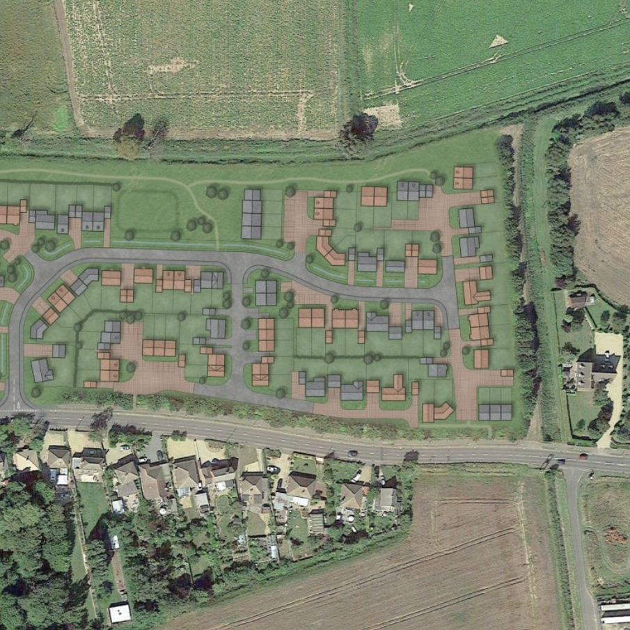 Bird's eye view plan of a neighbourhood with houses and roads