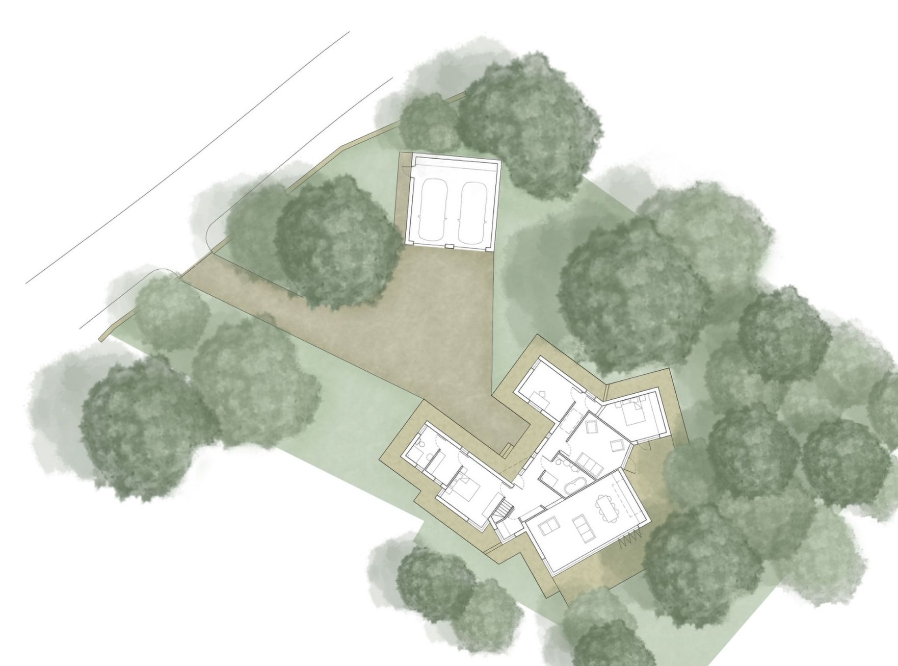 A land plan showing a building floor plan and external environment